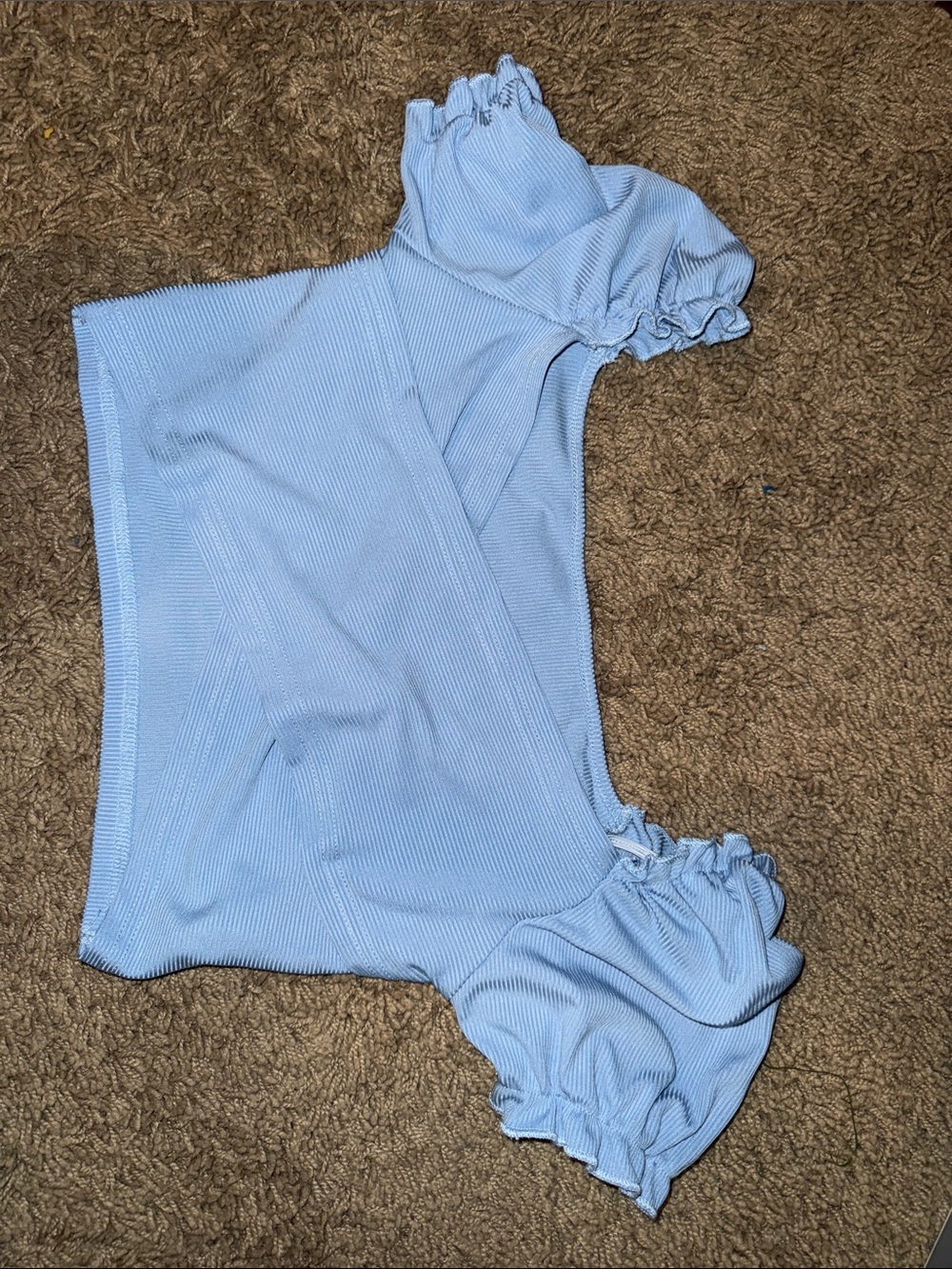 Light Blue Ribbed Puff Sleeve Crop Top